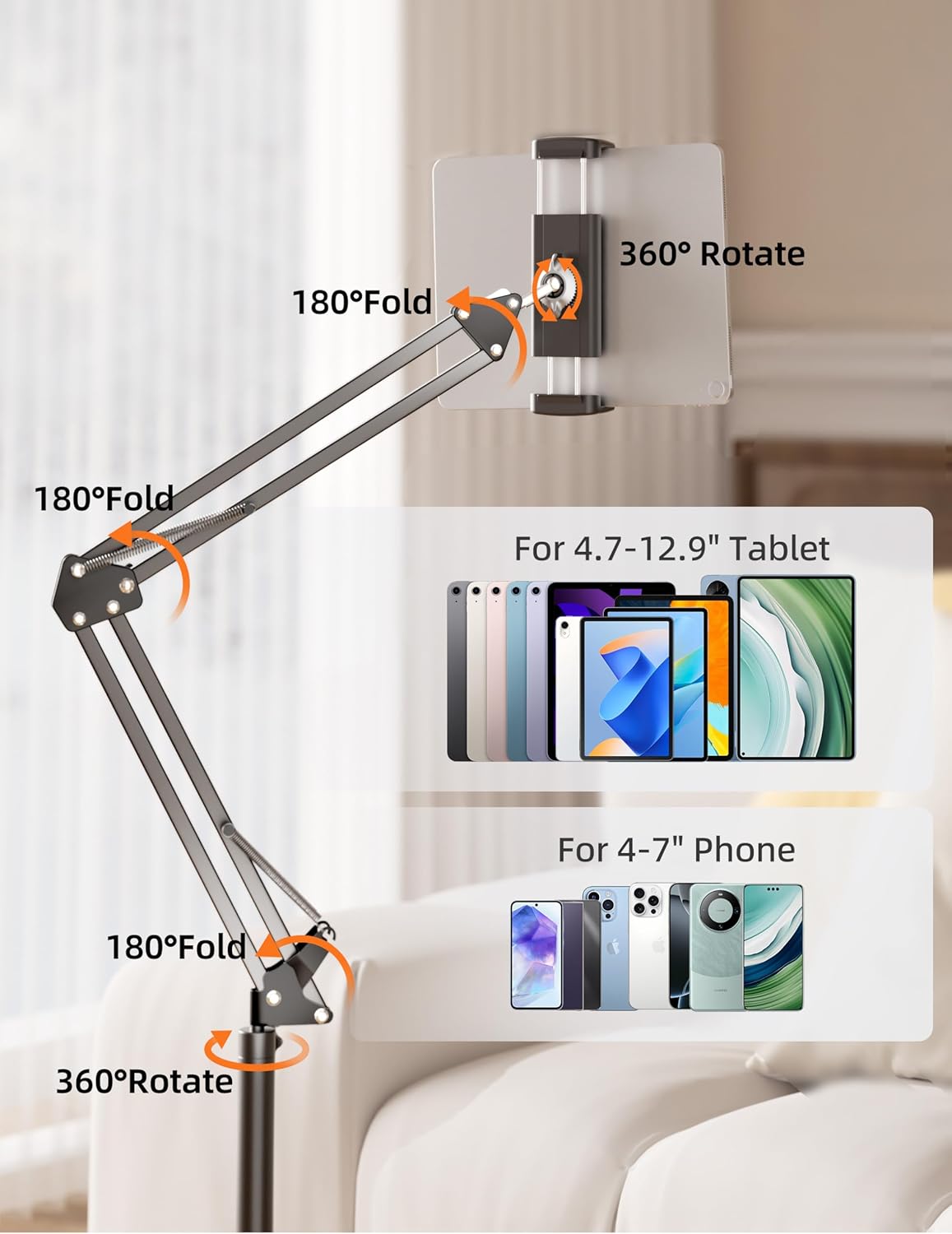 Tablet Floor Stand with 4.5LB Heavy Metal Base,Overhead Bed Phone Stand Angle Height Adjustable Holder, Universal Phone Mount for iPad iPhone Pro Air Mini, Samsung Tab, Kindle, E-Readers...